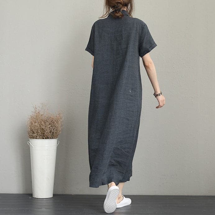 baggy dark gray long linen dresses casual side tie waist maxi dress Elegant lapel collar linen caftans SDL180727