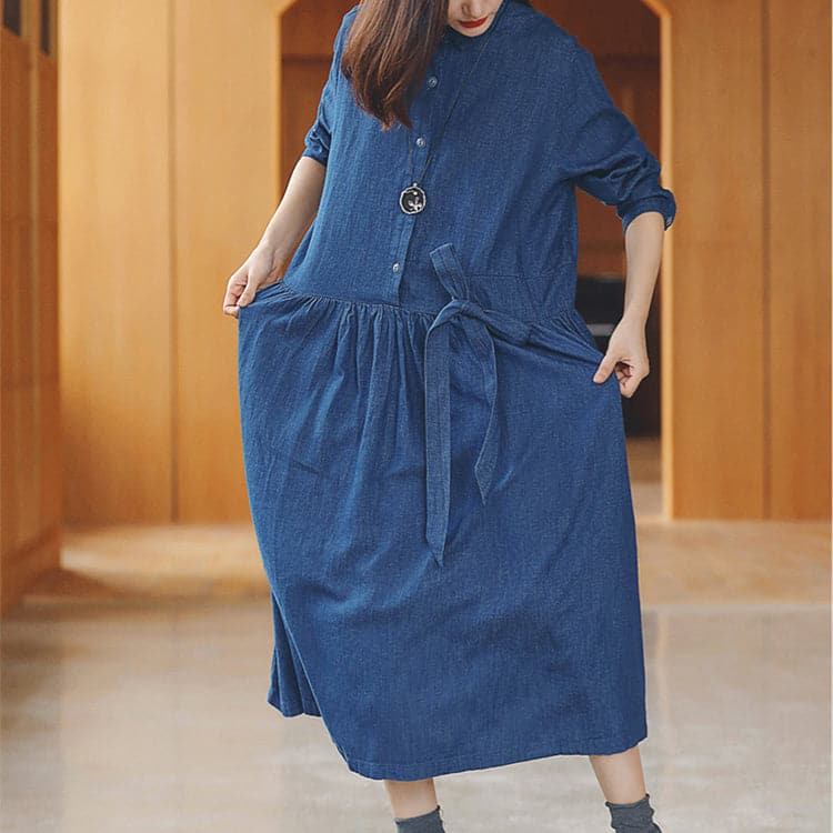 baggy denim blue long cotton linen dresses casual Turn-down Collar tie waist traveling dress fine long sleeve baggy dresses FDL180820