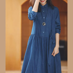 baggy denim blue long cotton linen dresses casual Turn-down Collar tie waist traveling dress fine long sleeve baggy dresses FDL180820