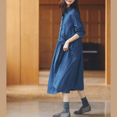 baggy denim blue long cotton linen dresses casual Turn-down Collar tie waist traveling dress fine long sleeve baggy dresses FDL180820