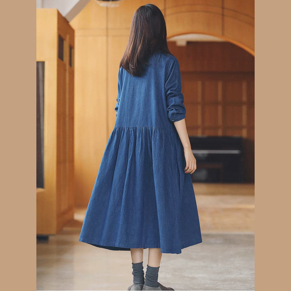 baggy denim blue long cotton linen dresses casual Turn-down Collar tie waist traveling dress fine long sleeve baggy dresses FDL180820