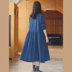 baggy denim blue long cotton linen dresses casual Turn-down Collar tie waist traveling dress fine long sleeve baggy dresses FDL180820