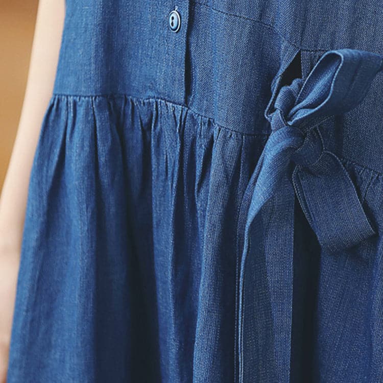 baggy denim blue long cotton linen dresses casual Turn-down Collar tie waist traveling dress fine long sleeve baggy dresses FDL180820