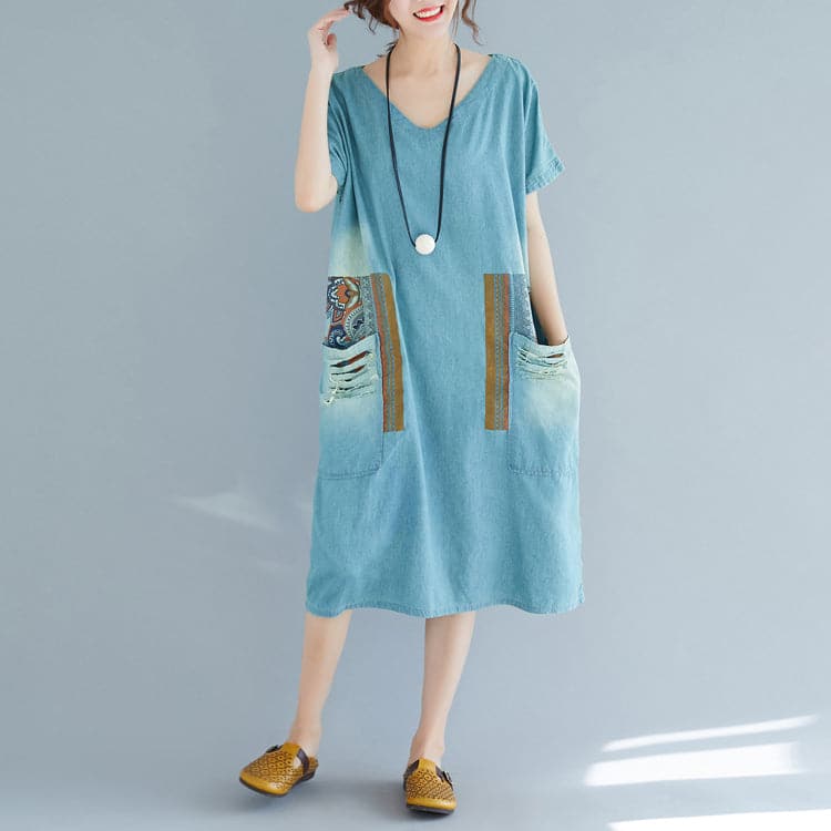 baggy denim blue pure cotton dresses plus size clothing holiday dresses New short sleeve pockets v neck print dress SDL180827