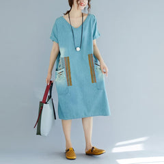 baggy denim blue pure cotton dresses plus size clothing holiday dresses New short sleeve pockets v neck print dress SDL180827