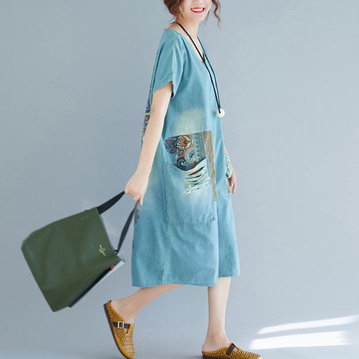 baggy denim blue pure cotton dresses plus size clothing holiday dresses New short sleeve pockets v neck print dress SDL180827