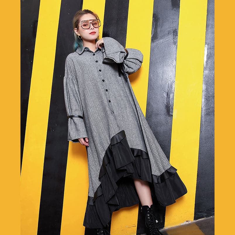 baggy gray lapel patchwork traveling clothing Fine large hem baggy dresses AT-FDL180917