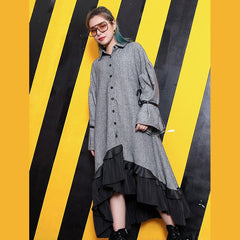 baggy gray lapel patchwork traveling clothing Fine large hem baggy dresses AT-FDL180917