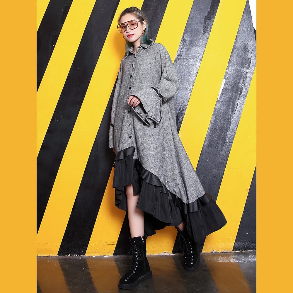 baggy gray lapel patchwork traveling clothing Fine large hem baggy dresses AT-FDL180917