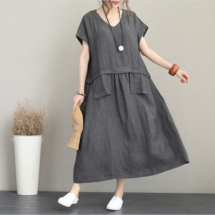 baggy gray linen maxi dress plus size clothing v neck linen clothing dresses fine two big pockets gown SDL180727