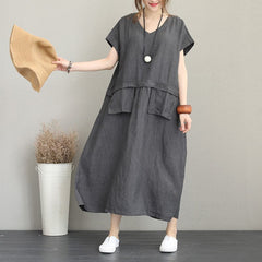 baggy gray linen maxi dress plus size clothing v neck linen clothing dresses fine two big pockets gown SDL180727