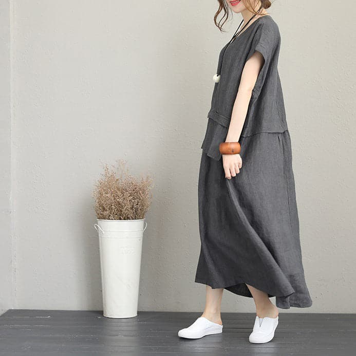 baggy gray linen maxi dress plus size clothing v neck linen clothing dresses fine two big pockets gown SDL180727