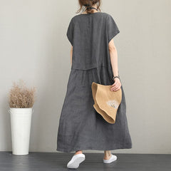 baggy gray linen maxi dress plus size clothing v neck linen clothing dresses fine two big pockets gown SDL180727