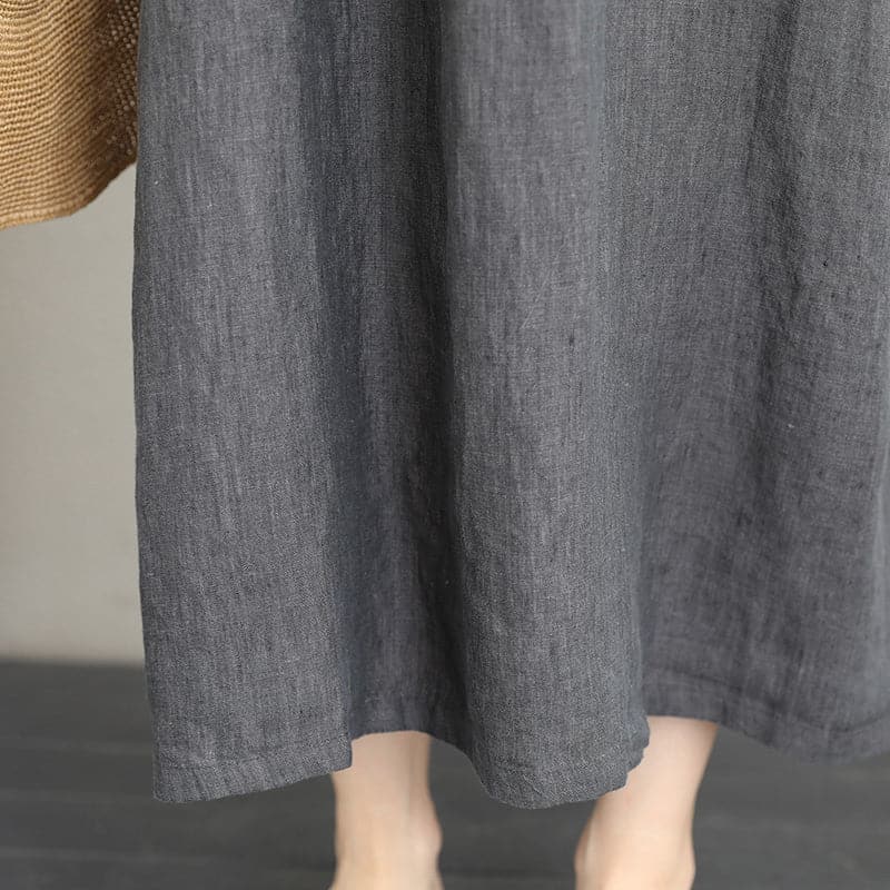 baggy gray linen maxi dress plus size clothing v neck linen clothing dresses fine two big pockets gown SDL180727