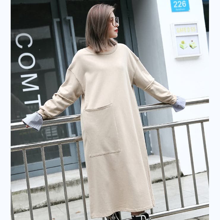 baggy khaki cotton caftans plus size clothing O neck traveling clothing 2018 pockets patchwork autumn dress AT-FDL180910