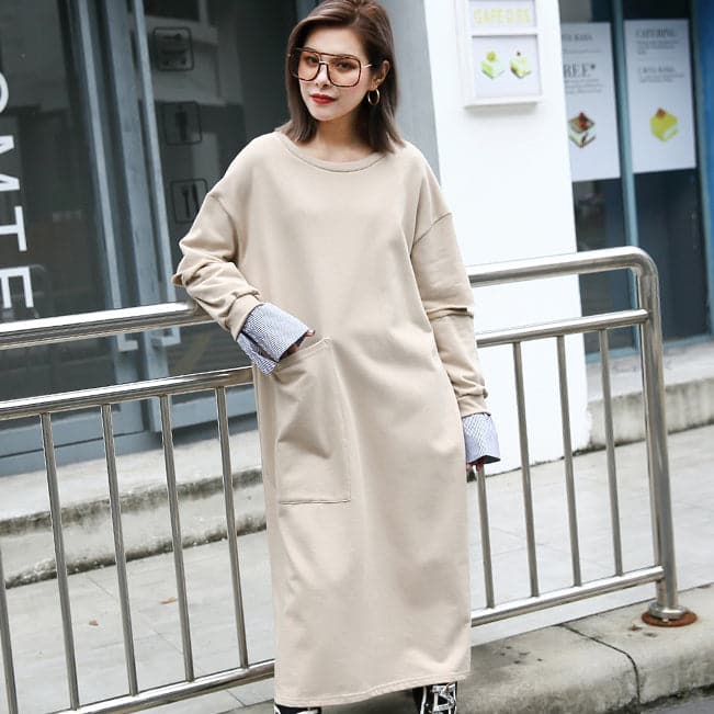 baggy khaki cotton caftans plus size clothing O neck traveling clothing 2018 pockets patchwork autumn dress AT-FDL180910