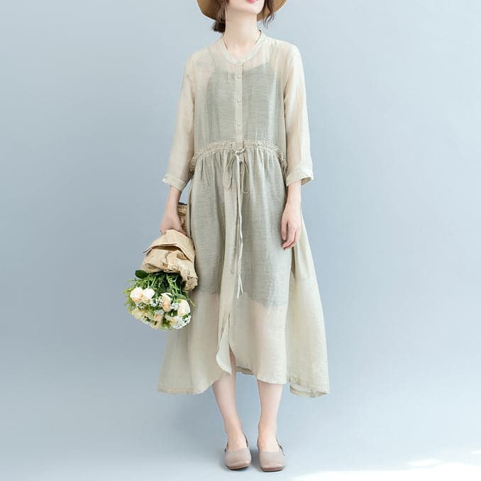 baggy off white Midi linen silk blended dresses Loose fitting casual dress fine tie waist long sleeve o neck baggy dresses SDL180808