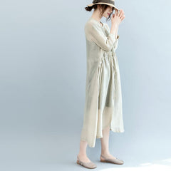 baggy off white Midi linen silk blended dresses Loose fitting casual dress fine tie waist long sleeve o neck baggy dresses SDL180808