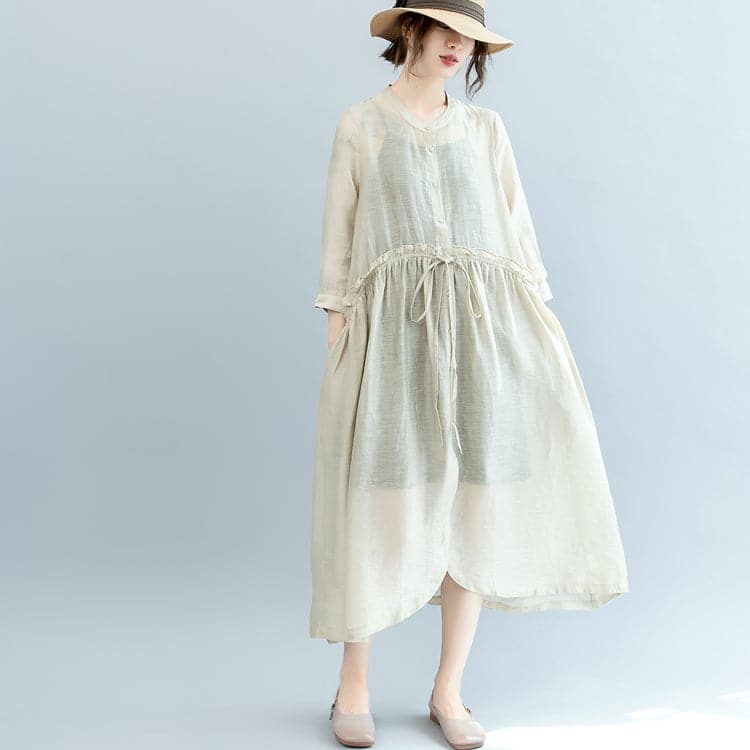 baggy off white Midi linen silk blended dresses Loose fitting casual dress fine tie waist long sleeve o neck baggy dresses SDL180808