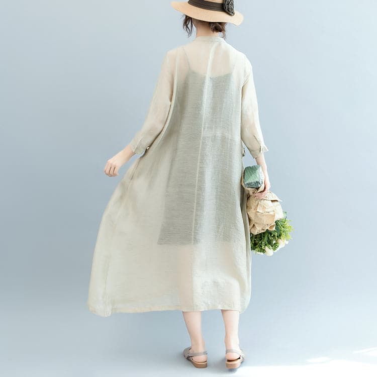 baggy off white Midi linen silk blended dresses Loose fitting casual dress fine tie waist long sleeve o neck baggy dresses SDL180808