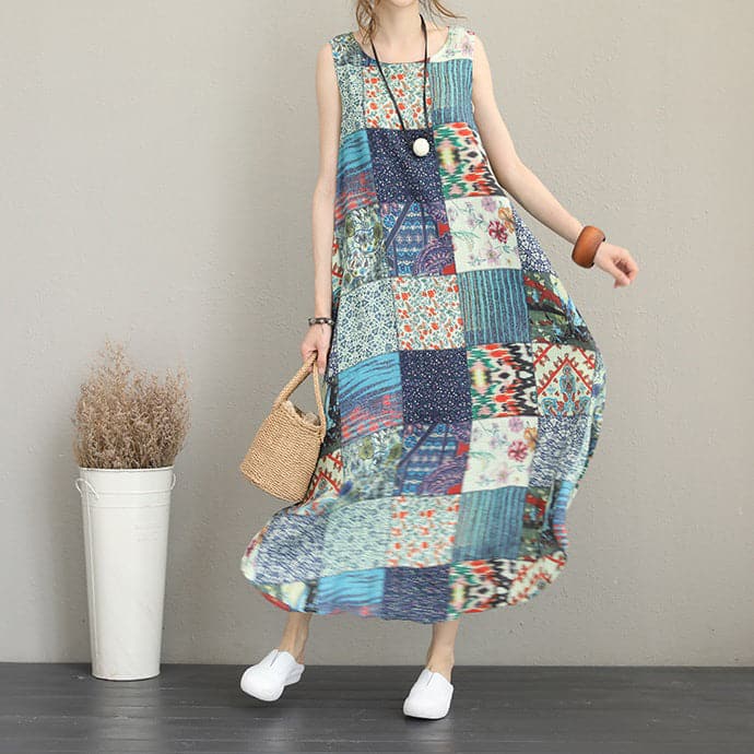 baggy patchwork prints linen dresses Loose fitting sleeveless traveling clothing casual big hem linen caftans SDL180727