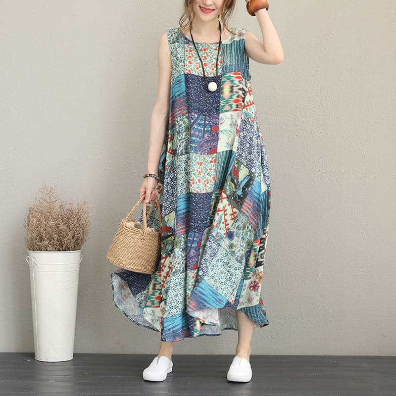 baggy patchwork prints linen dresses Loose fitting sleeveless traveling clothing casual big hem linen caftans SDL180727