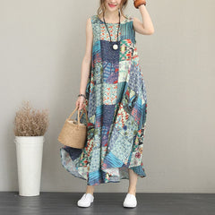 baggy patchwork prints linen dresses Loose fitting sleeveless traveling clothing casual big hem linen caftans SDL180727