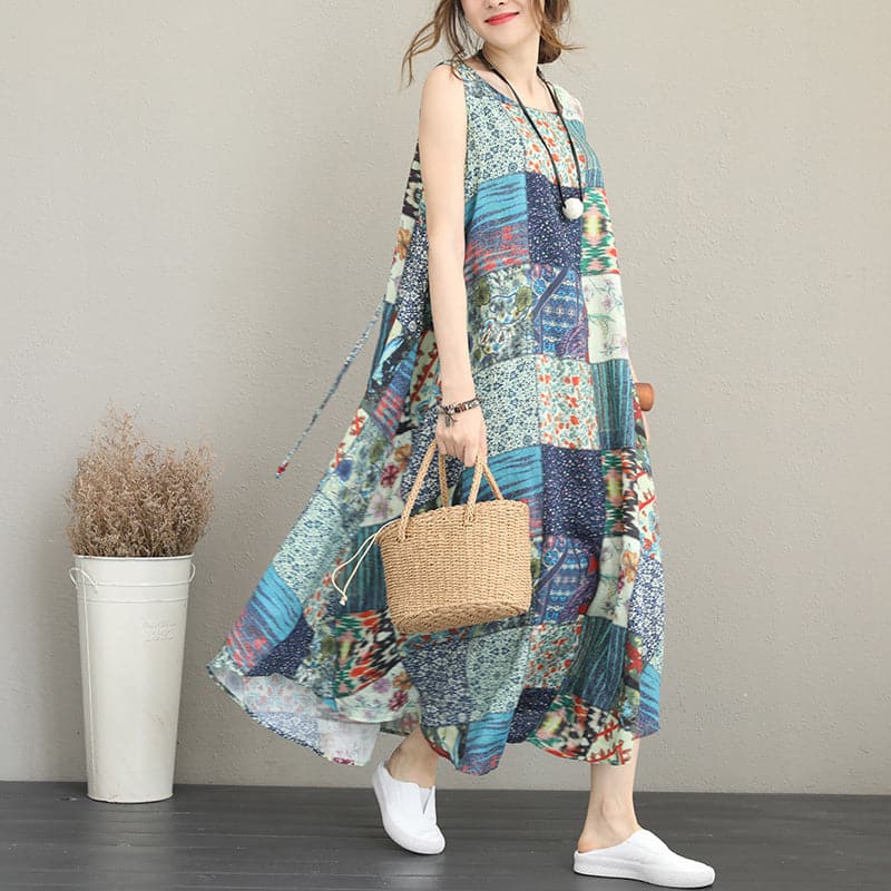 baggy patchwork prints linen dresses Loose fitting sleeveless traveling clothing casual big hem linen caftans SDL180727