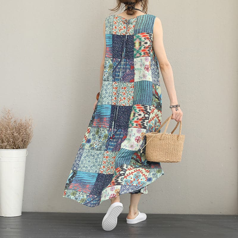 baggy patchwork prints linen dresses Loose fitting sleeveless traveling clothing casual big hem linen caftans SDL180727