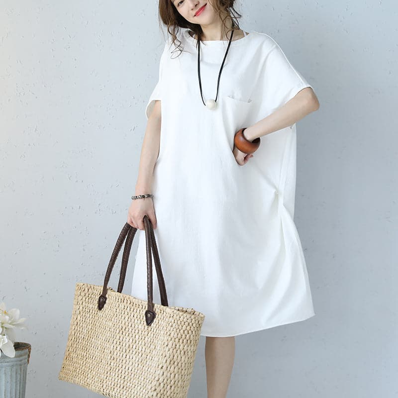 baggy white natural cotton dress oversized cotton clothing dress casual short sleeve o neck cotton dresses SDM180727