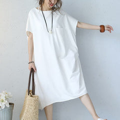 baggy white natural cotton dress oversized cotton clothing dress casual short sleeve o neck cotton dresses SDM180727