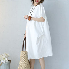 baggy white natural cotton dress oversized cotton clothing dress casual short sleeve o neck cotton dresses SDM180727