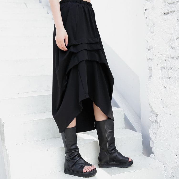 black casual cotton blended skirts loose one side drawstring elastic waist aline skirts AT-SKTS180417