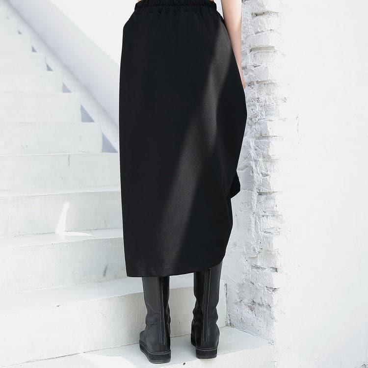 black casual cotton blended skirts loose one side drawstring elastic waist aline skirts AT-SKTS180417