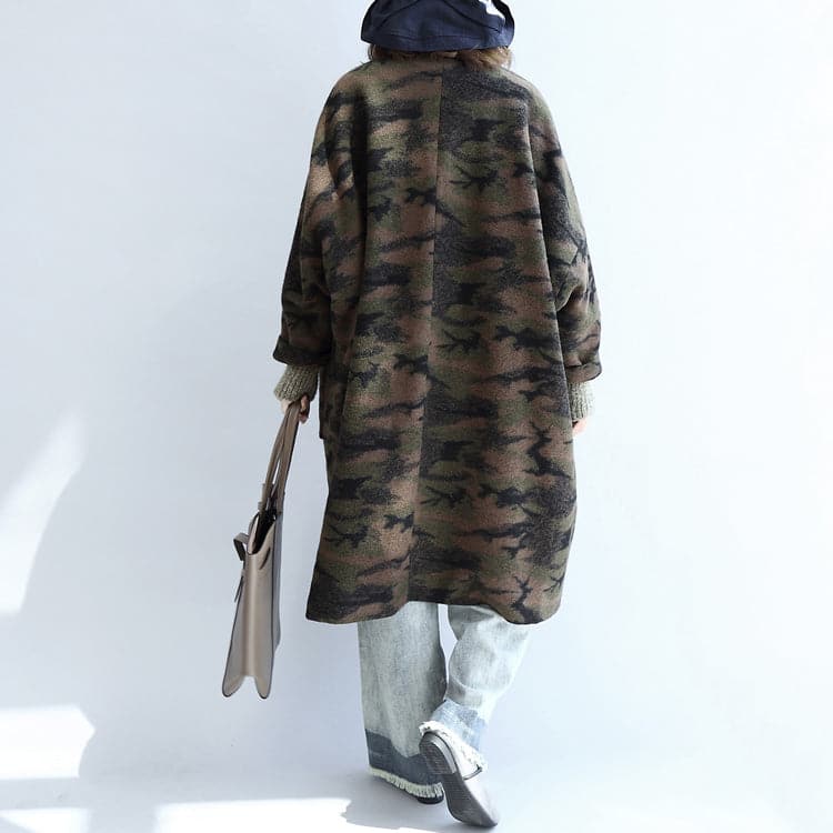 blackish green camouflage casual woolen cardigans oversize pockets long sleeve trench coats TCT171028