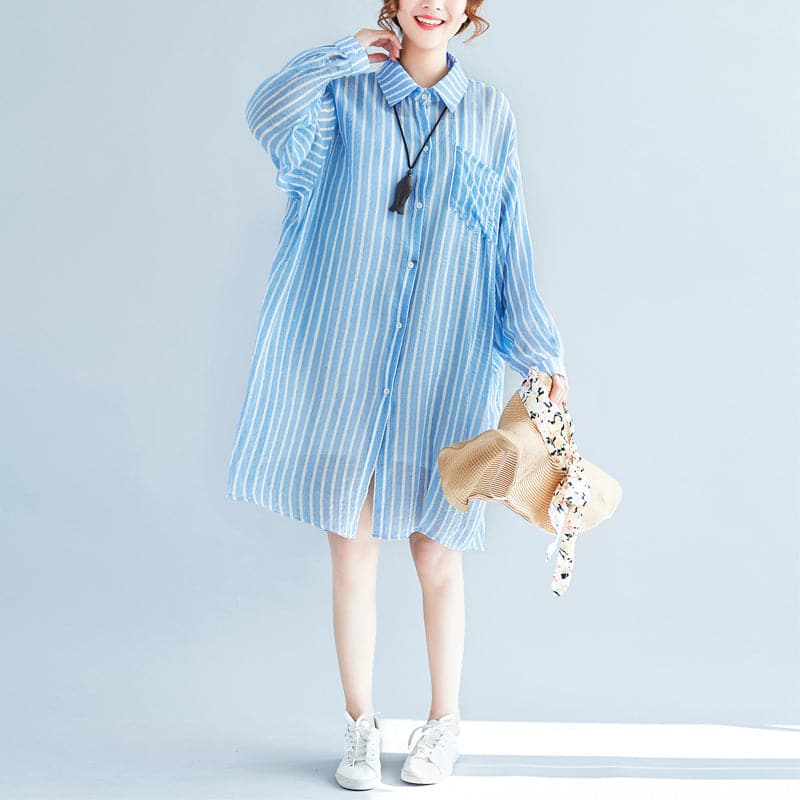 boutique blue cotton shift dress plus size cotton clothing dresses New lapel collar striped shirt dress AT-SDM180313