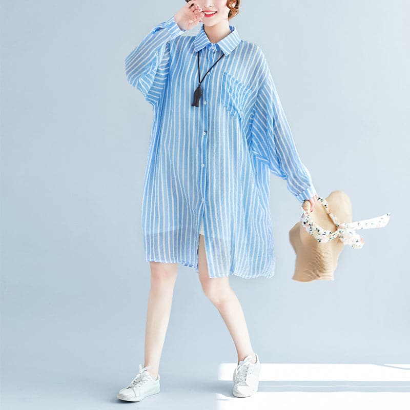 boutique blue cotton shift dress plus size cotton clothing dresses New lapel collar striped shirt dress AT-SDM180313