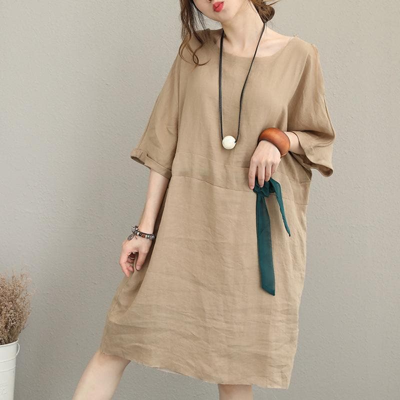 boutique khaki pure linen dress Loose fitting linen clothing dresses Elegant waist drawstring bracelet sleeved midi dress SDM180727