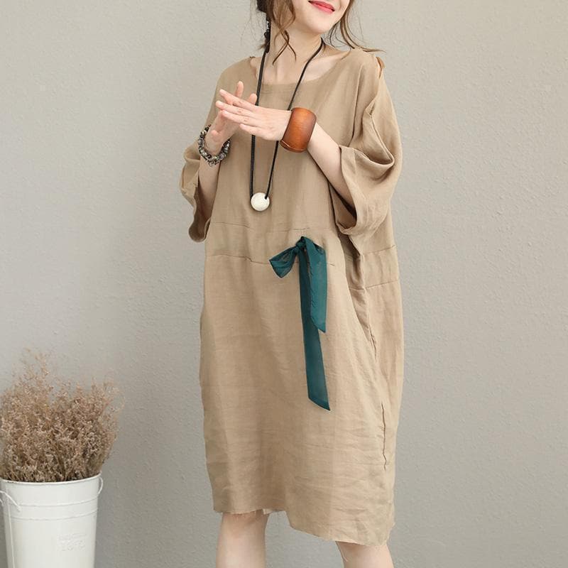 boutique khaki pure linen dress Loose fitting linen clothing dresses Elegant waist drawstring bracelet sleeved midi dress SDM180727