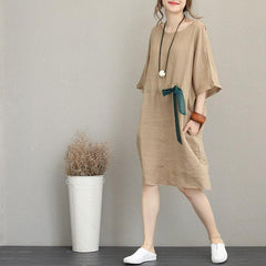 boutique khaki pure linen dress Loose fitting linen clothing dresses Elegant waist drawstring bracelet sleeved midi dress SDM180727