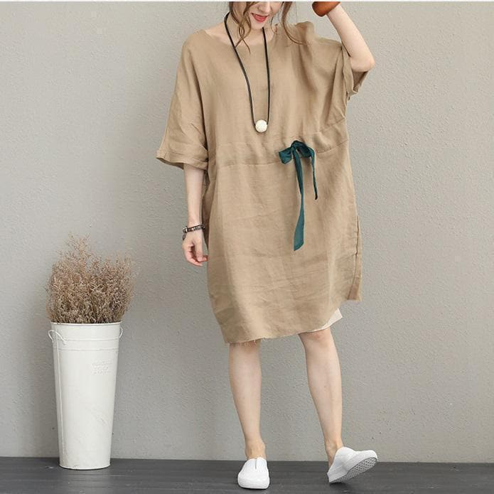 boutique khaki pure linen dress Loose fitting linen clothing dresses Elegant waist drawstring bracelet sleeved midi dress SDM180727