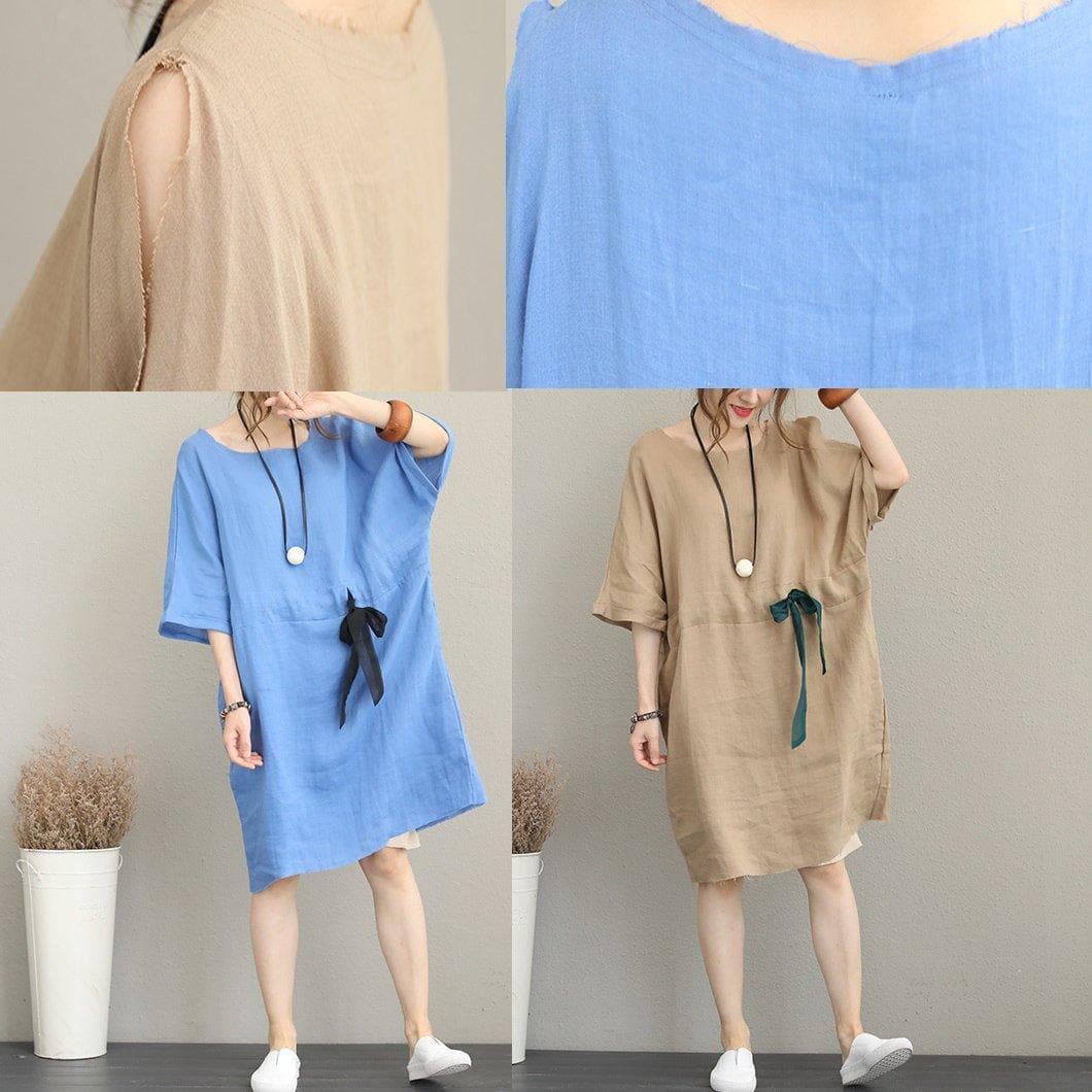 boutique khaki pure linen dress Loose fitting linen clothing dresses Elegant waist drawstring bracelet sleeved midi dress SDM180727