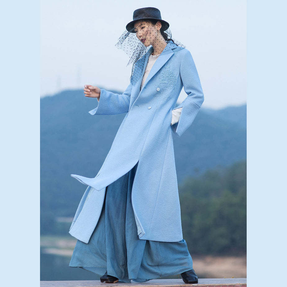 boutique light blue Woolen Coat Women Loose fitting long coat open long sleeve embroidery coats TCT181116