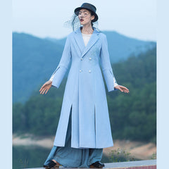 boutique light blue Woolen Coat Women Loose fitting long coat open long sleeve embroidery coats TCT181116