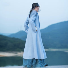 boutique light blue Woolen Coat Women Loose fitting long coat open long sleeve embroidery coats TCT181116