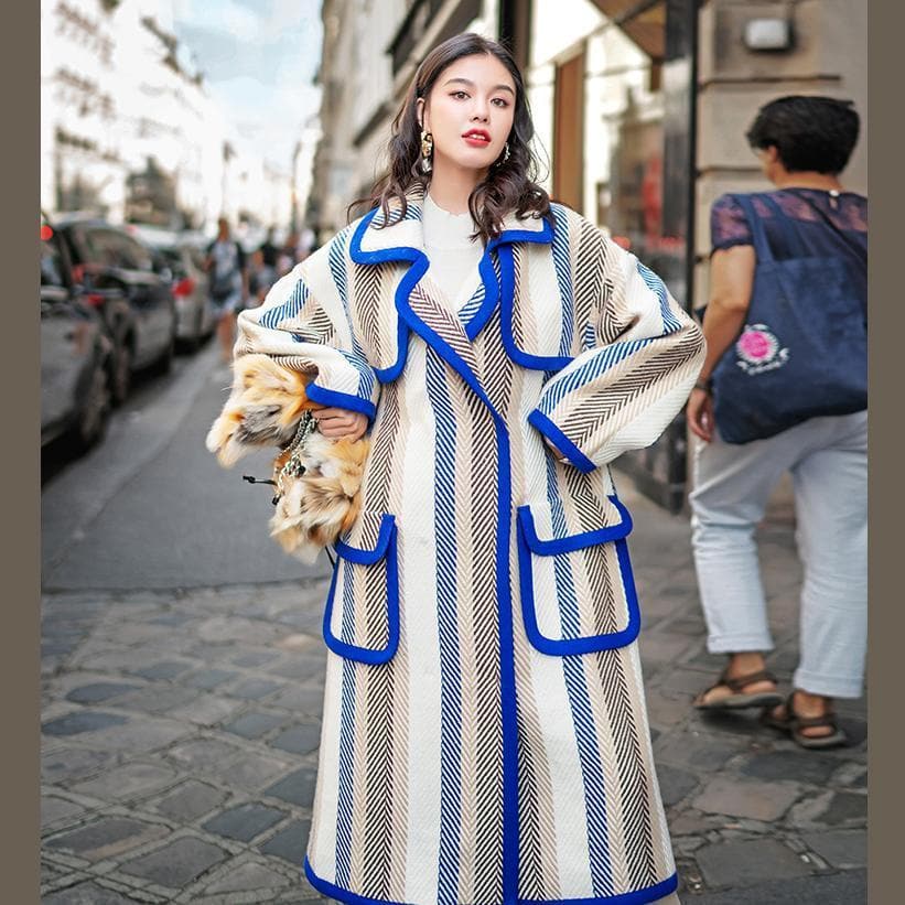 boutique striped long coat trendy plus size Notched trench coat Fine pockets Winter coat TCT181016