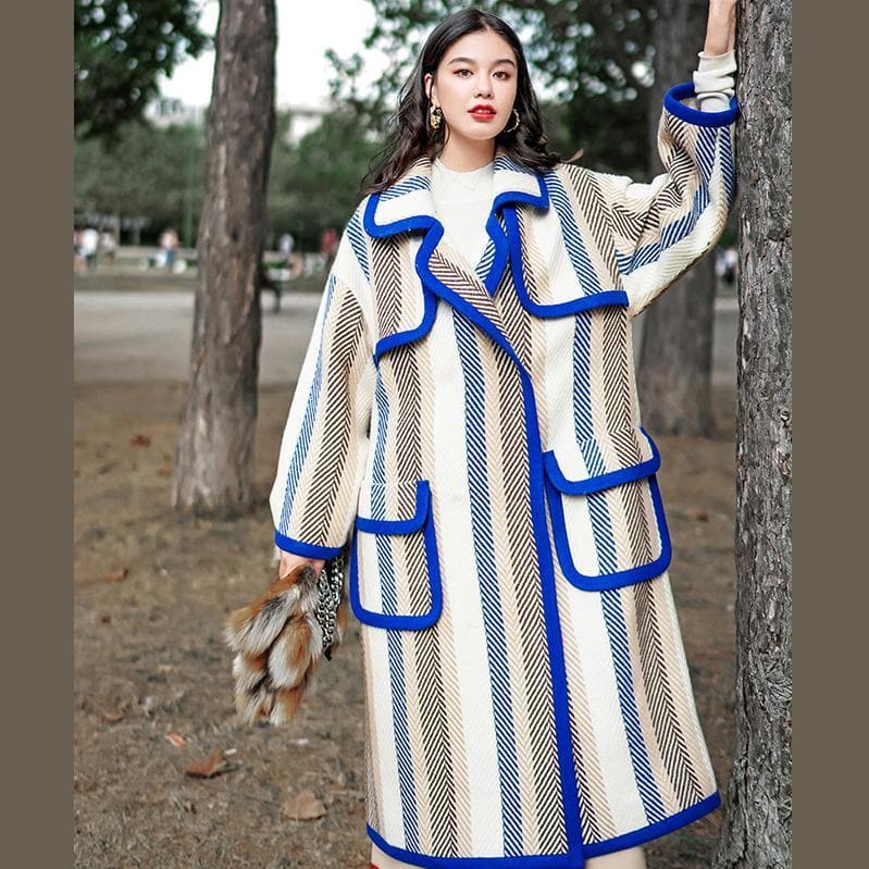 boutique striped long coat trendy plus size Notched trench coat Fine pockets Winter coat TCT181016