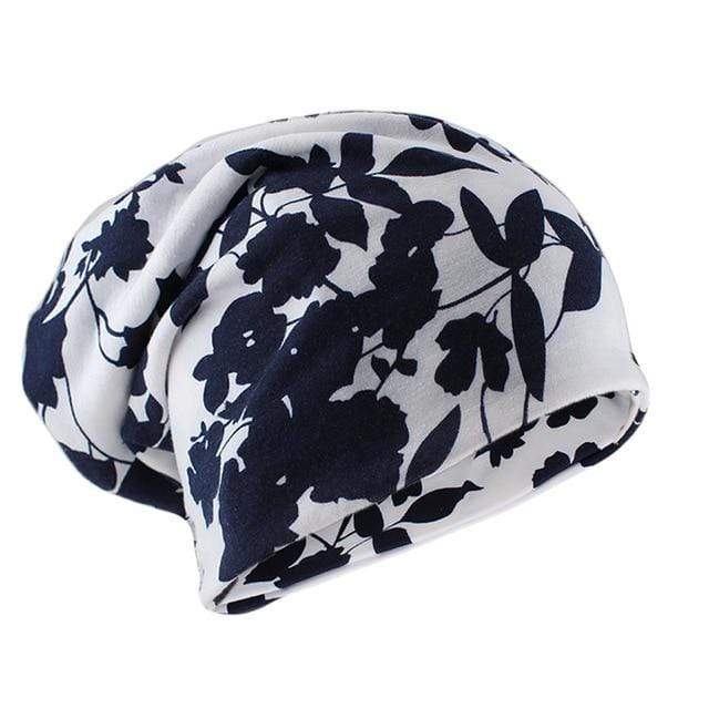 White & Blue Floral Beanie Hat Buddha Trends