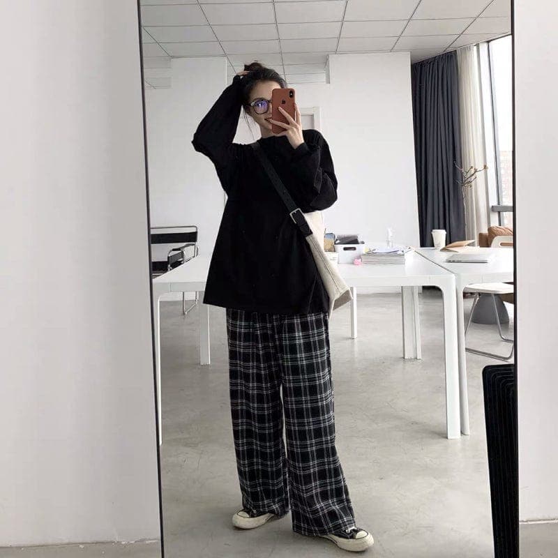 Black and White Plaid Wide Leg Pants dylinoshop