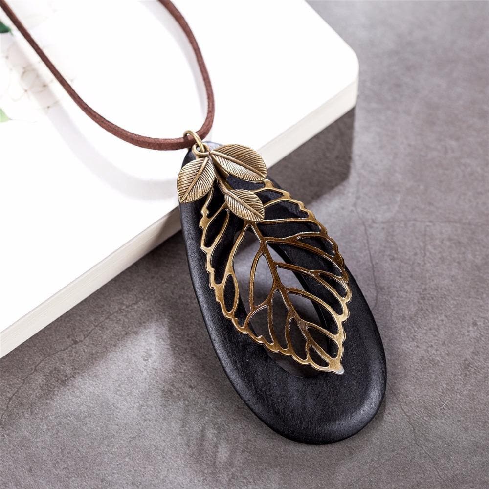 Geometric Leaf Wooden Pendant Necklace dylinoshop